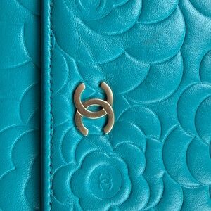 CHANEL Camellia Quilted Leather Wallet in Turquoise Blue